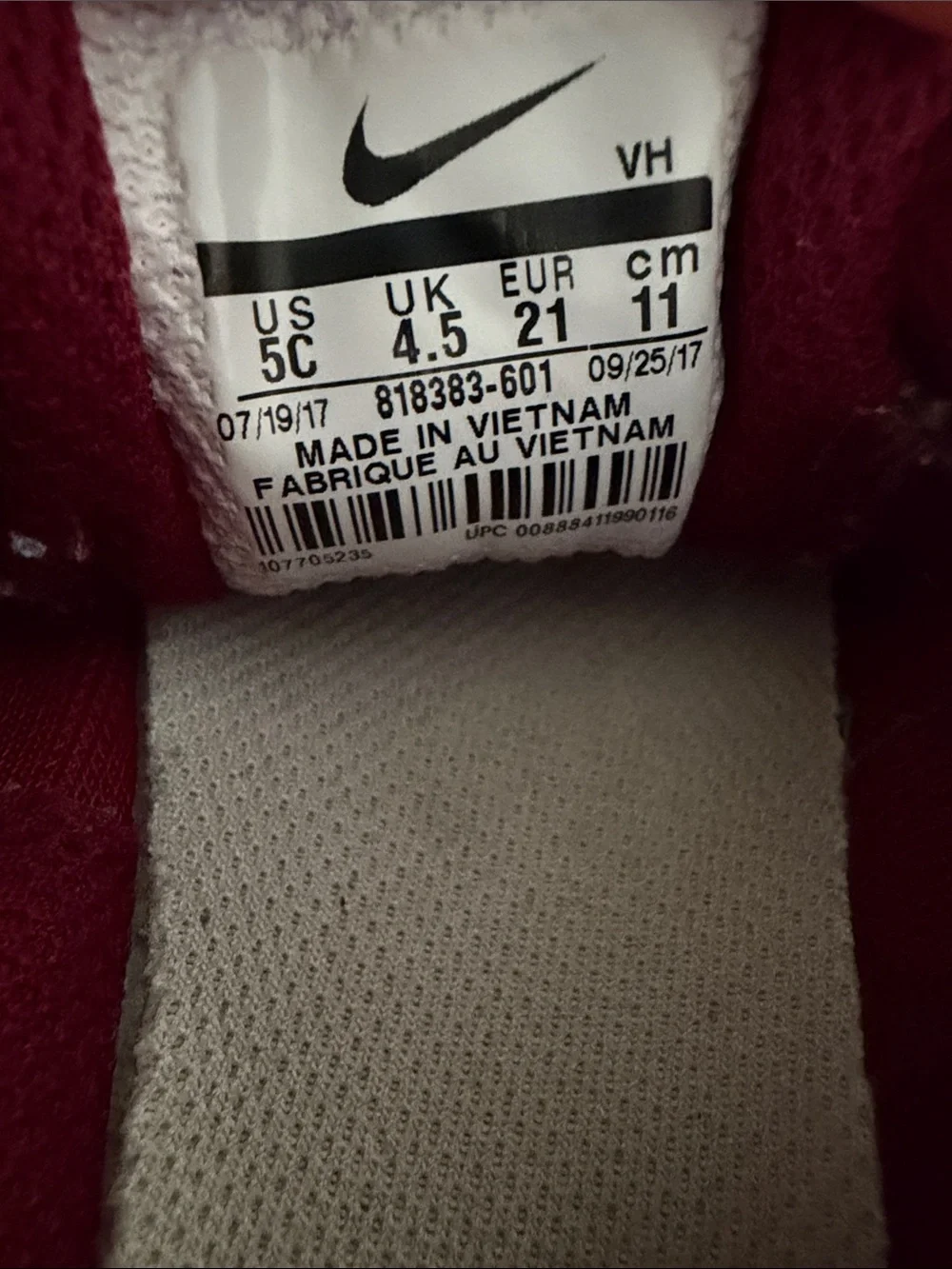 Nike Toddler Shoes Size 5C Burgundy Sneakers EU 21 11cm Velcro strap
